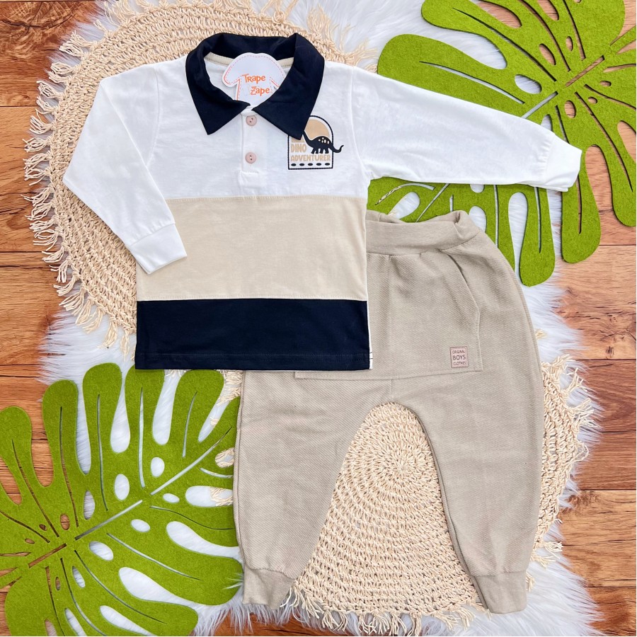 Conj. Camisa Dino Adventurer Gola Polo e Calça de Moletinho - Areia e Off White